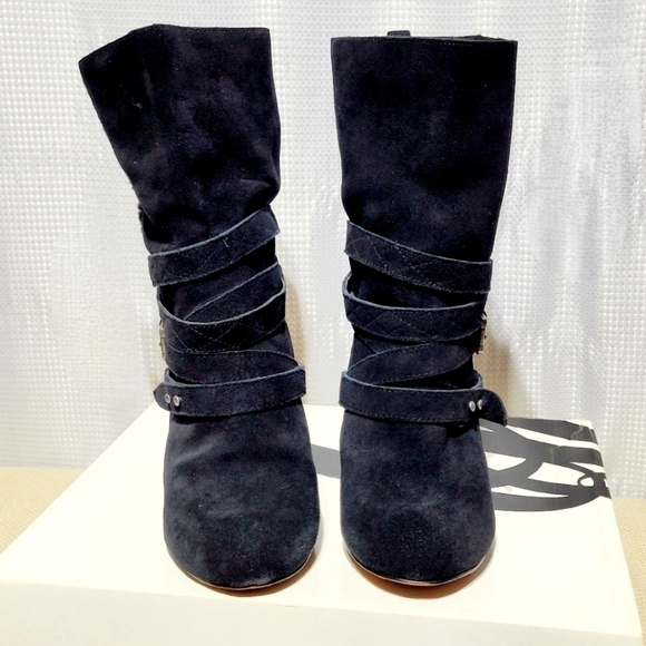 Nine West Black Suede & Strappy Mid-Calf Heeled Pull On Style Boots (9M) - Picture 4 of 13